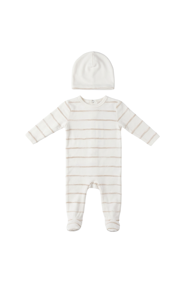 Lux Baby Raised Stripe Long Sleeve Snap Placket Romper and Hat Set, Main, color, Beige