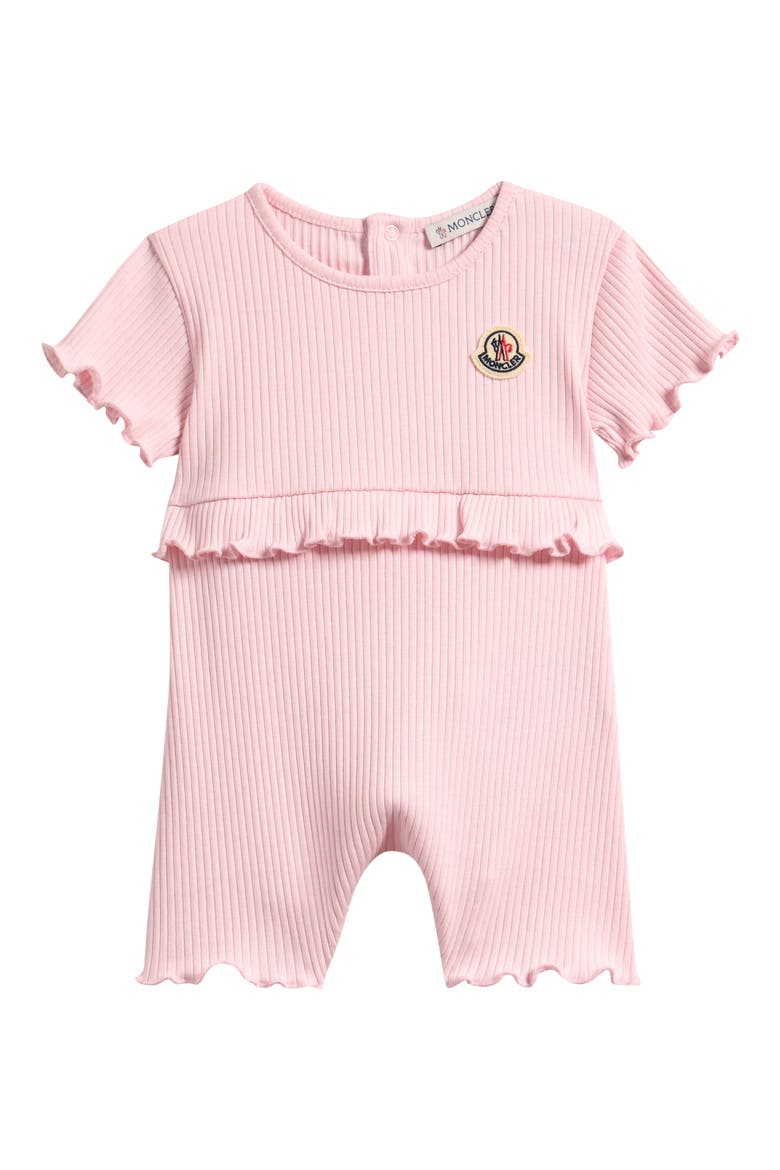 Ruffle Trim Rib Cotton Romper, Main, color, LIGHT PINK