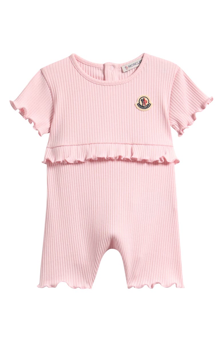 Moncler Ruffle Trim Rib Cotton Romper, Main, color, Light Pink