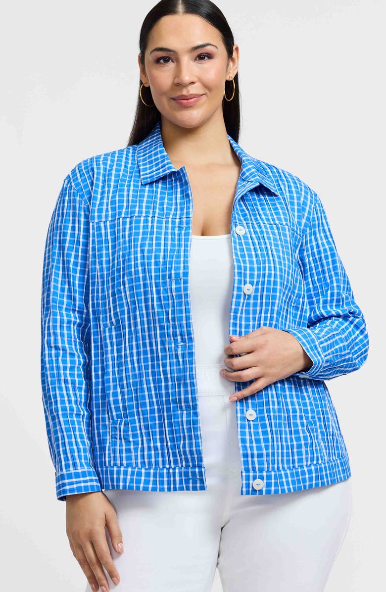 Foxcroft Thelma Crinkle Cotton Blend Gingham Jacket, Alternate, color, Mineral Blue/ White