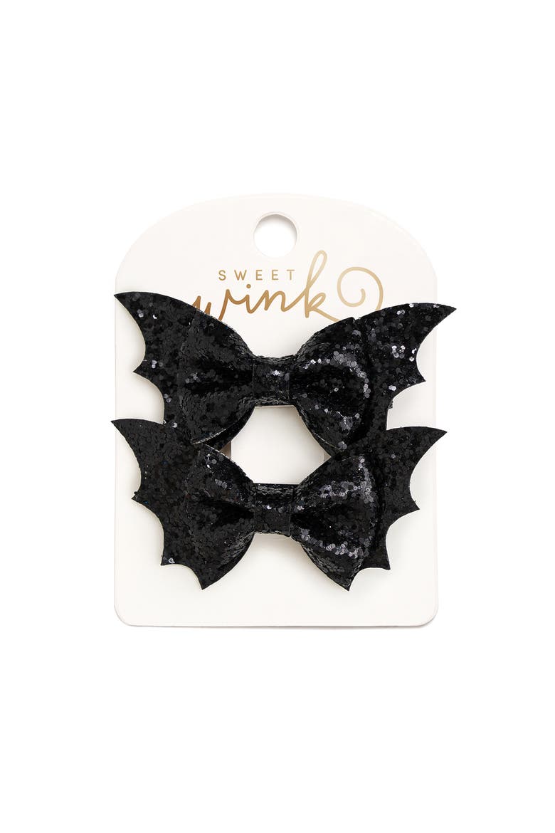 Glitter Bat Halloween Bow Clip Set, Main, color, Black