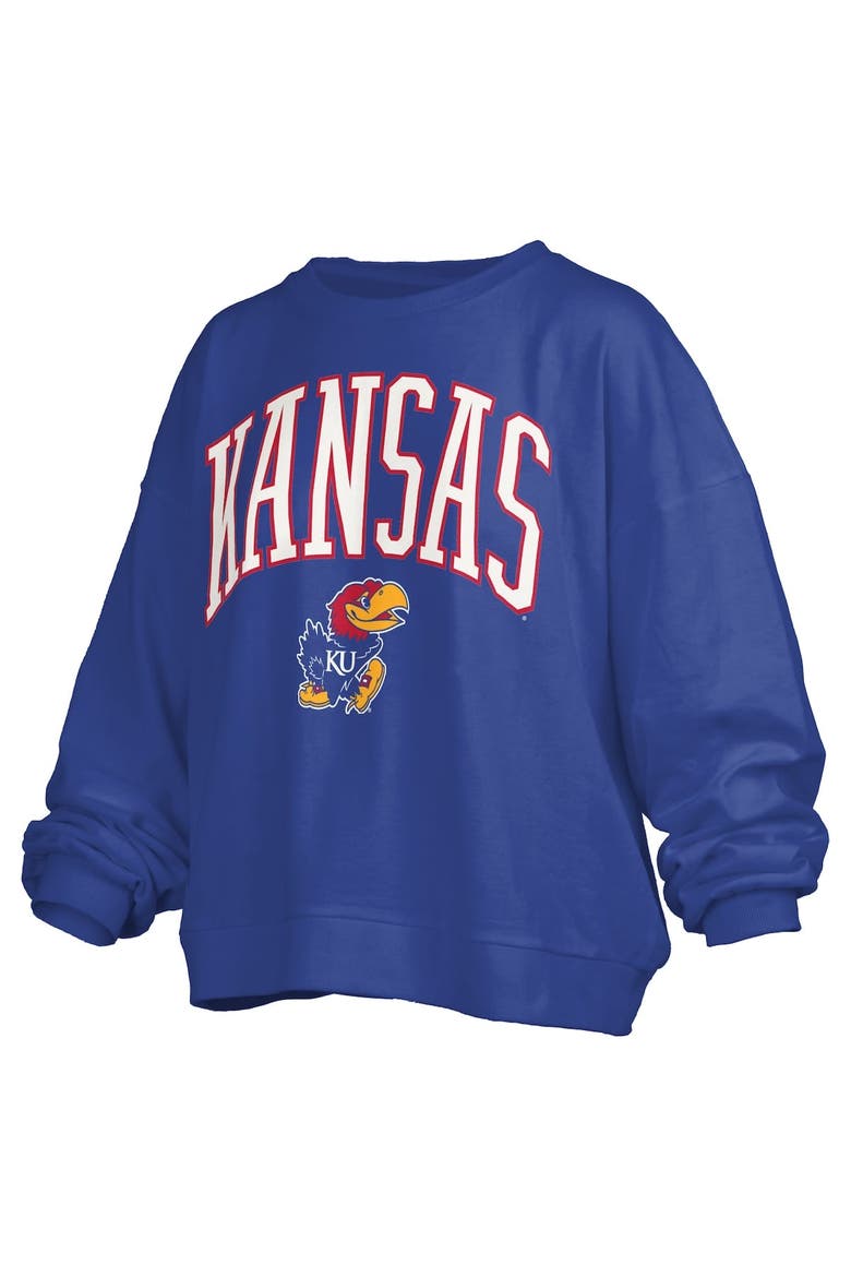 Women's Pressbox Royal Kansas Jayhawks Janise Arch Over Logo Waist Length Oversized Pullover Sweatshirt, Alternate, color, Royal