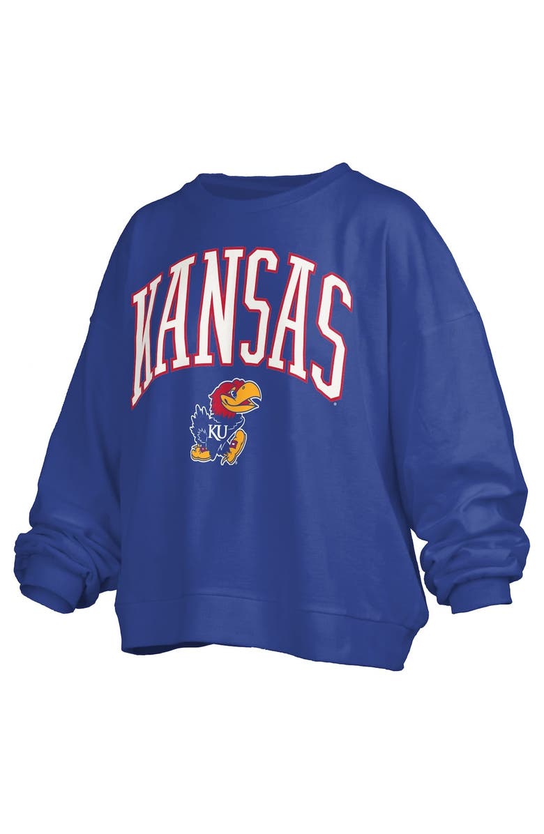 PRESSBOX Women's Pressbox Royal Kansas Jayhawks Janise Arch Over Logo Waist Length Oversized Pullover Sweatshirt, Alternate, color, Royal