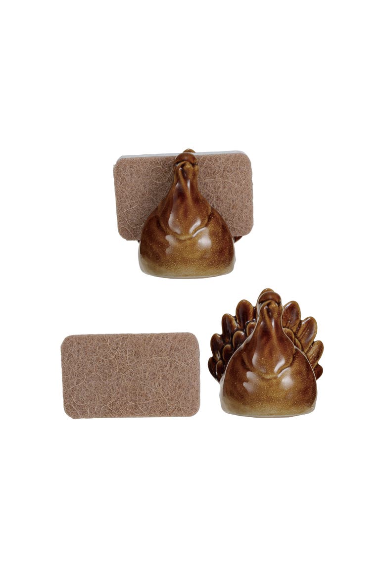 Stoneware Turkey Shaped Sponge Holder with Sponge & Reactive Glaze, Set of 2, Main, color, Multicolor
