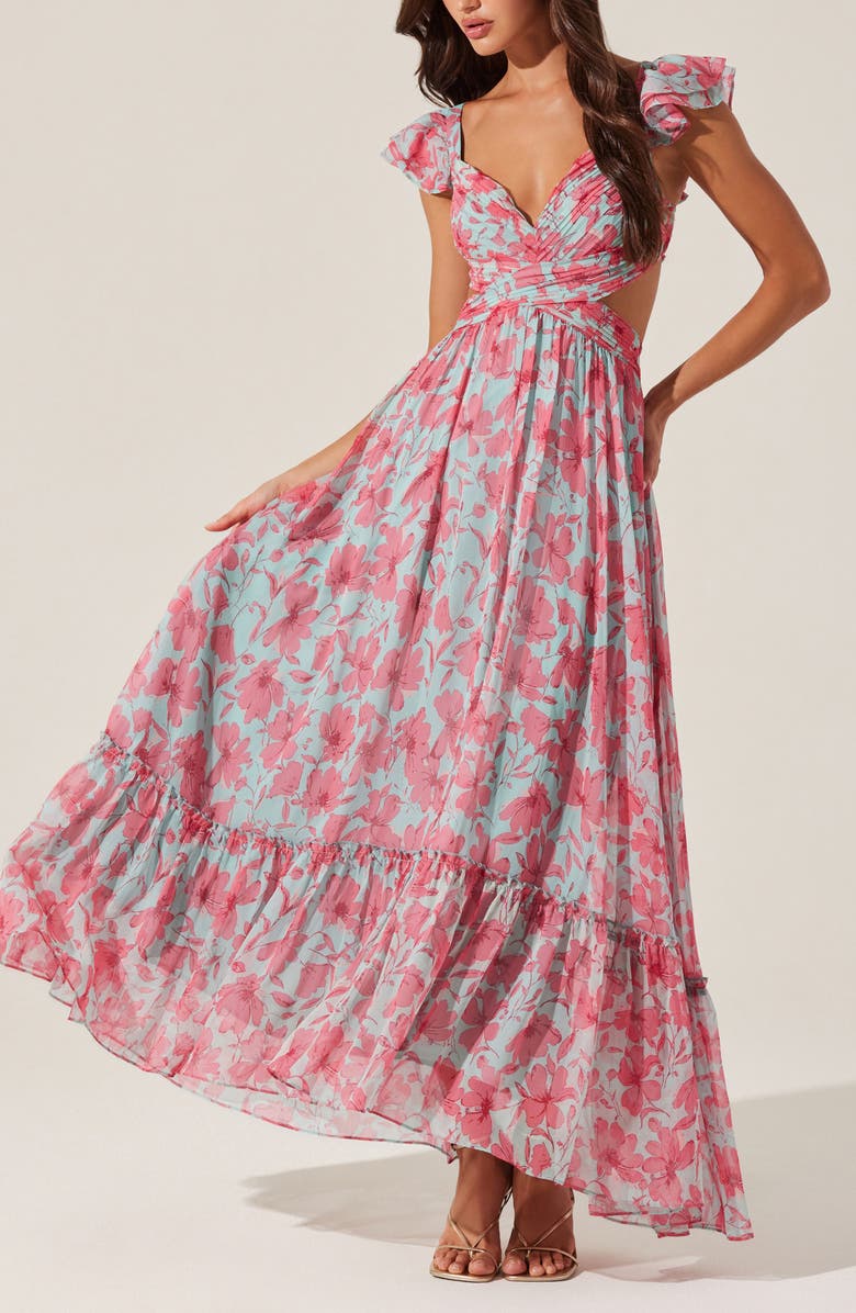 ASTR the Label Primrose Cutout Detail Maxi Dress, Alternate, color, Pink Aqua Floral