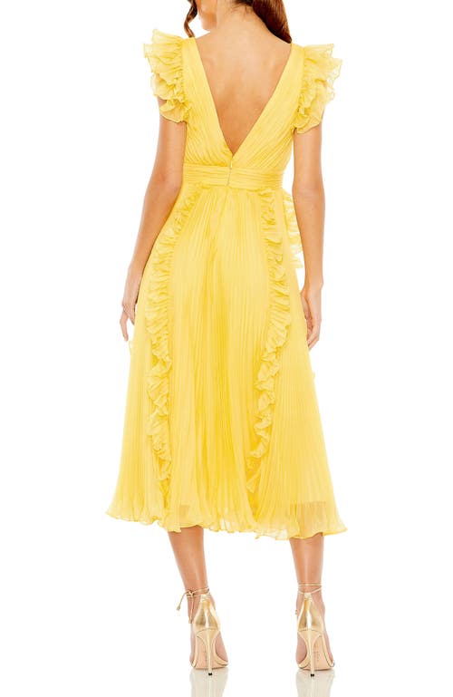 Mac Duggal Pleated Chiffon V Neck Ruffle Midi Dress In Butter