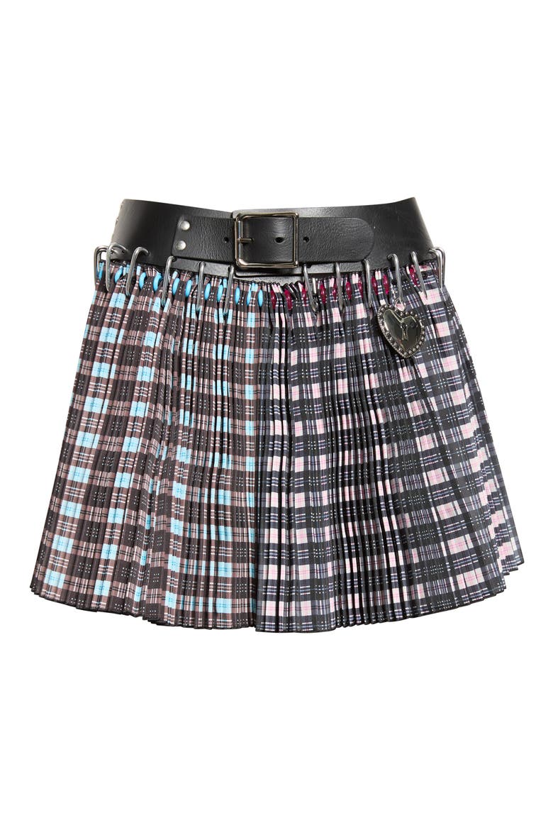 Plugged Carabiner Pleated Miniskirt, Main, color, BLACK MULTI