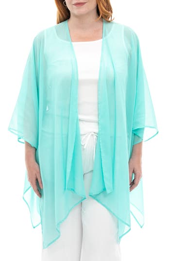 Nina Leonard Semi Sheer Open Front Topper In Aqua