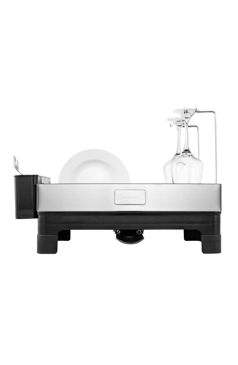 JONATHAN Y Concerto 20.5" Fingerprint-Proof Stainless Steel Dish Drying Rack with Swivel Spout Tray and Wine Glass Holder, Stainless Steel/Black, Alternate, color,