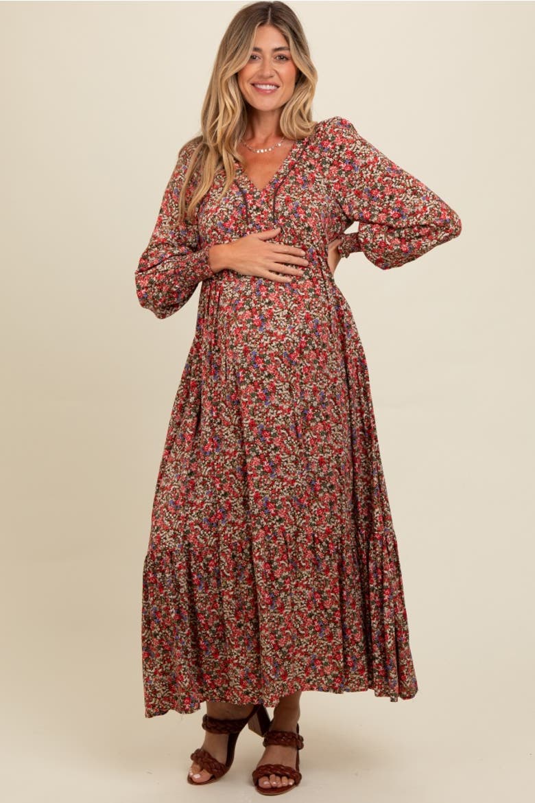 Floral V-Neck Bubble Sleeve Maxi Dress, Alternate, color, Mocha