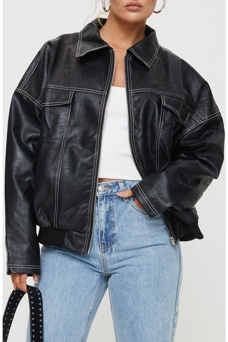 Kingley Oversize Faux Leather Bomber Jacket, Main, color, BLACK