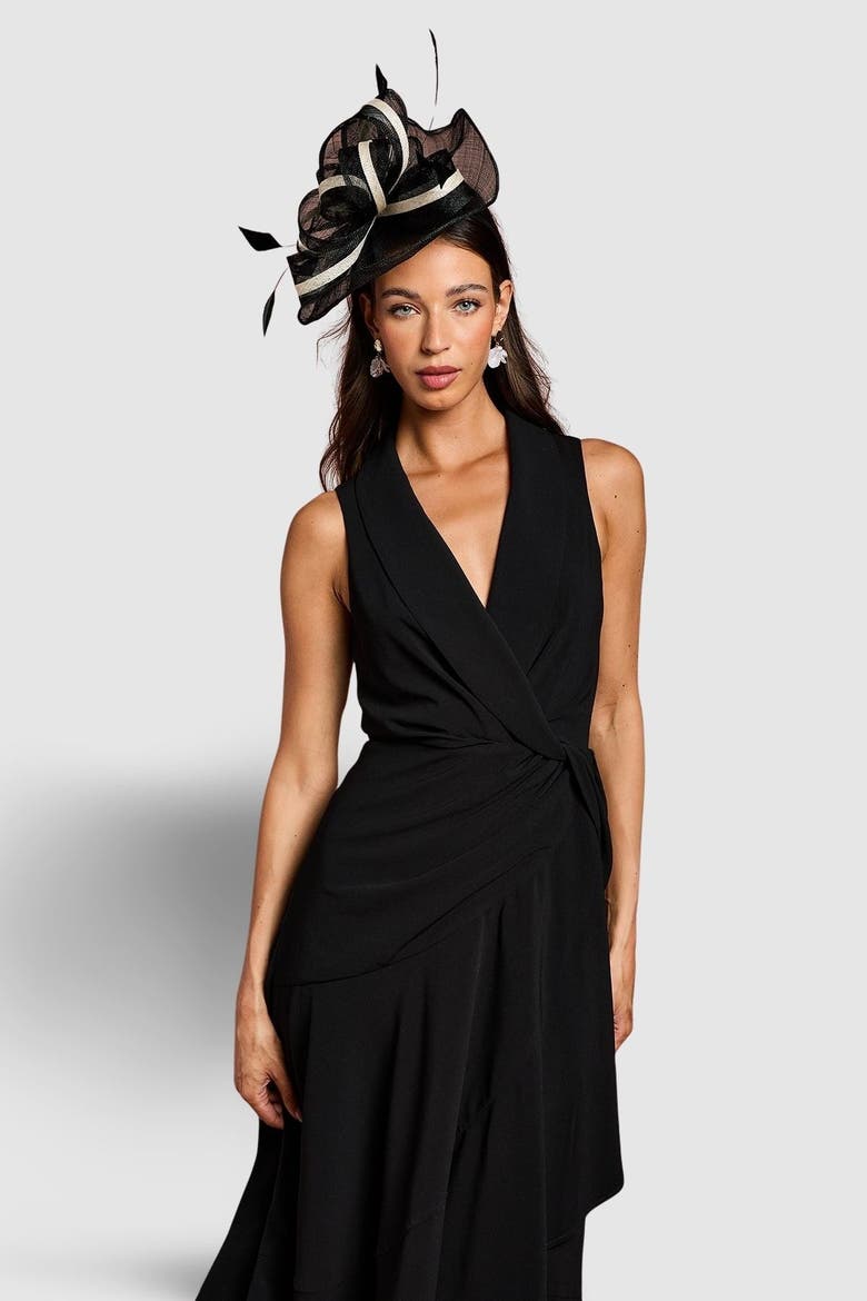 Shawl Collar Ruffle Hem Midi Dress, Alternate, color, Black