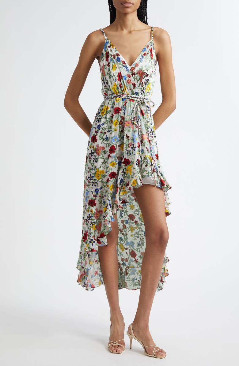 Alice + Olivia Tara Floral Ruffle Detail High-Low Dress, Main, color, Dollhouse