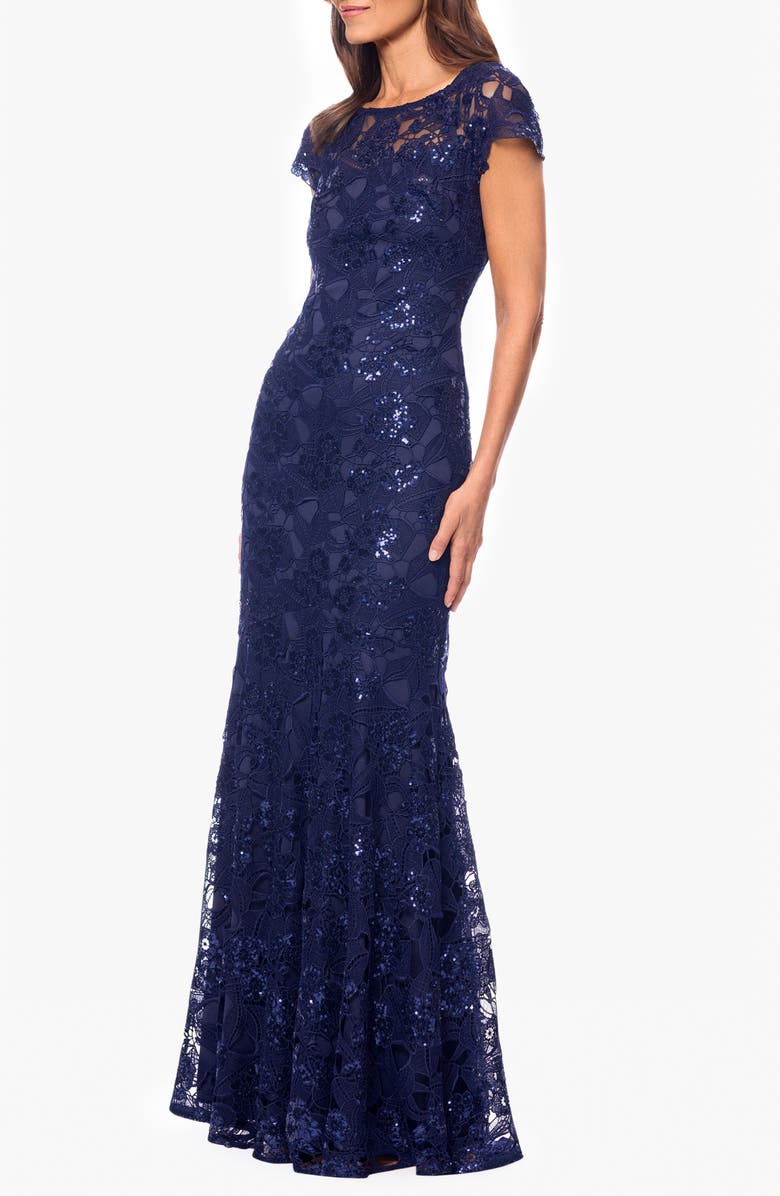 Xscape Evenings Sequin Lace Overlay Gown, Alternate, color, Navy
