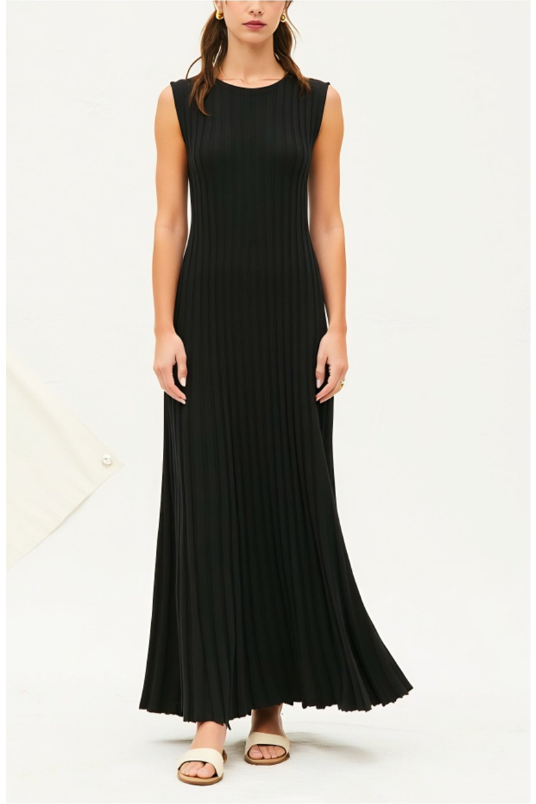 Sleeveless Ribbed Knit Scoop Neck Maxi Dress with Pleated Skirt, Main, color, Black