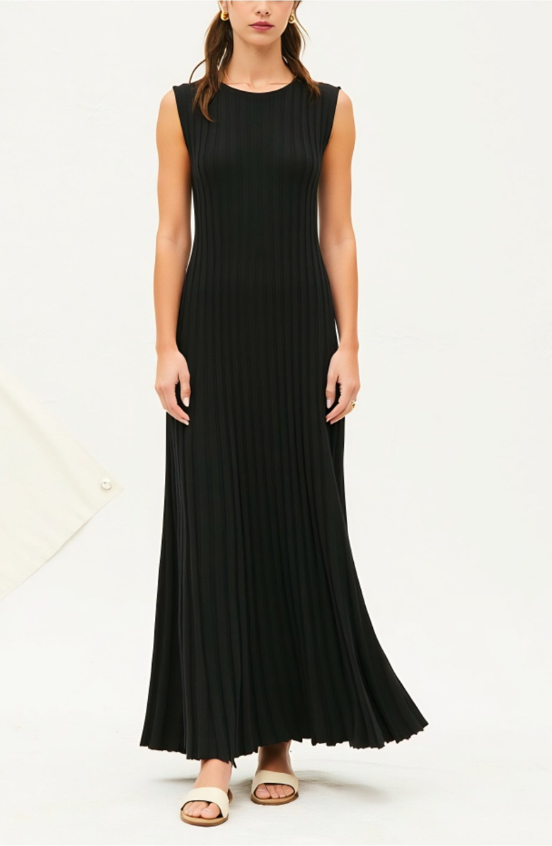 Modenaire Sleeveless Ribbed Knit Scoop Neck Maxi Dress with Pleated Skirt, Main, color, Black
