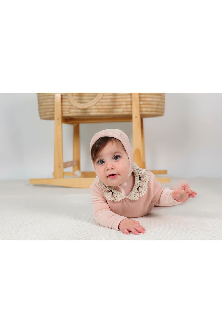 Velour Crochet Collar Snap Back Romper and Bonnet Set, Alternate, color, Off White