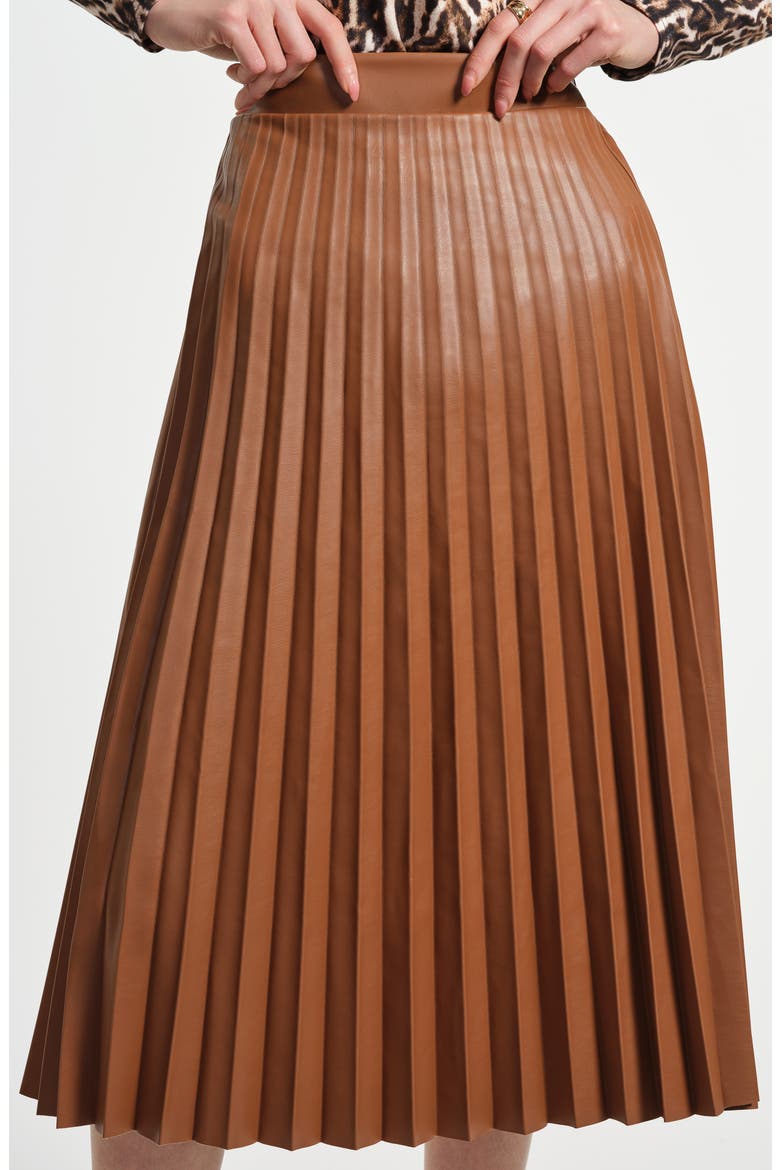 Faux Leather Accordion Pleat Midi Skirt, Alternate, color, CARAMEL