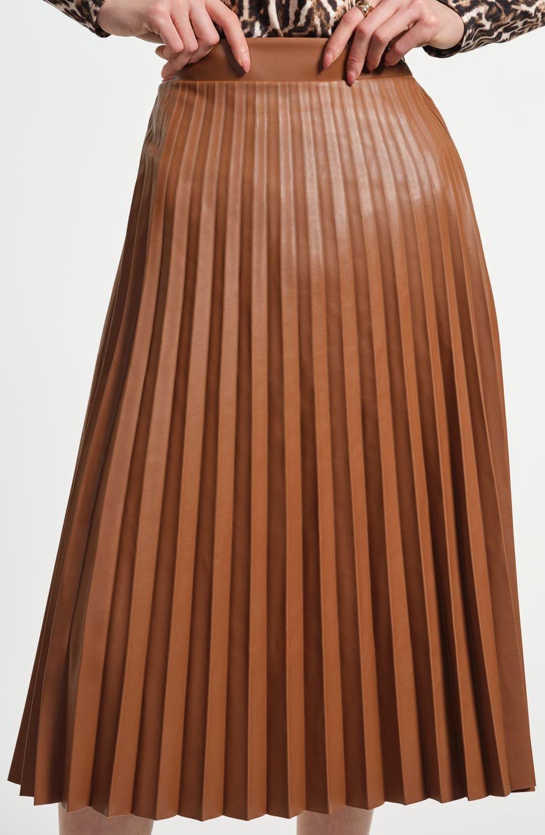 Isaac Mizrahi New York Faux Leather Accordion Pleat Midi Skirt, Alternate, color, Caramel