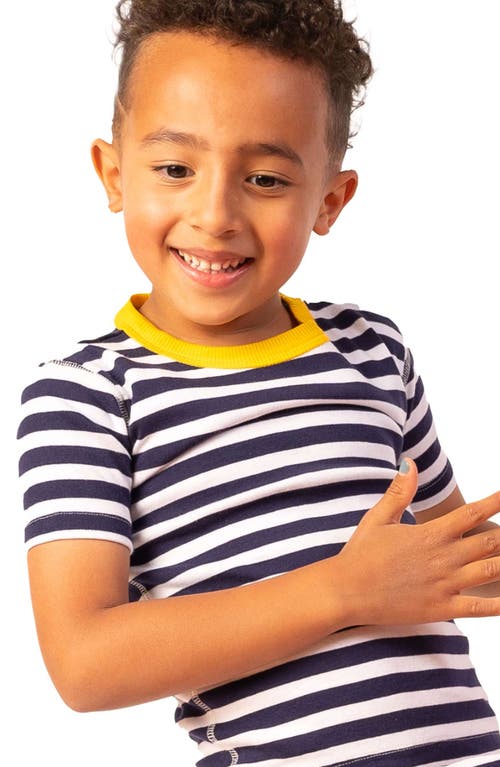 Shop Mightly 100% Organic Cotton Stripe Shortie Snug Fit Kids Pajamas In Navy Stripe