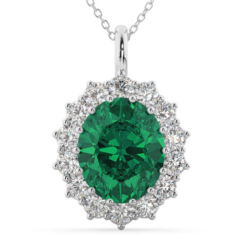 Oval Emerald & Diamond Halo Pendant Necklace 14k