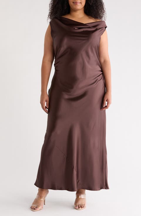 One-Shoulder Satin Maxi Dress (Plus)