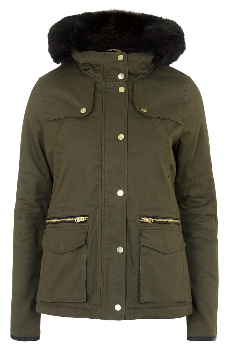 Topshop 'Walter' Hooded Cotton Parka with Faux Fur Trim, Alternate, color, 