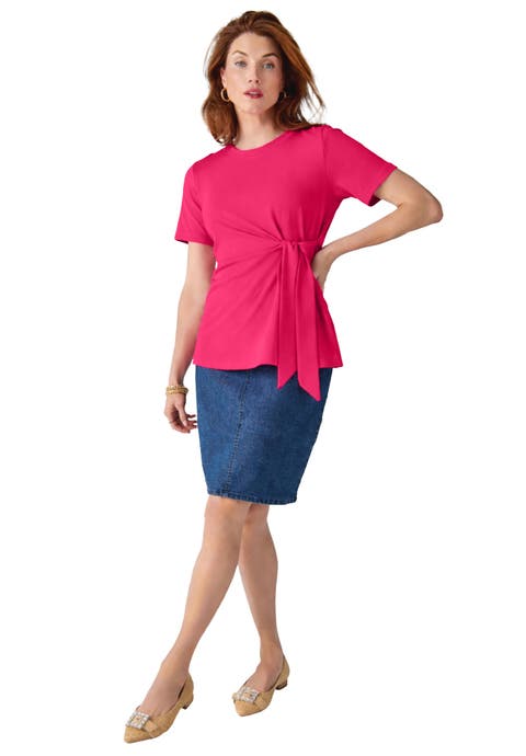 Tie-Front Short Sleeve Knit Tee (Plus)