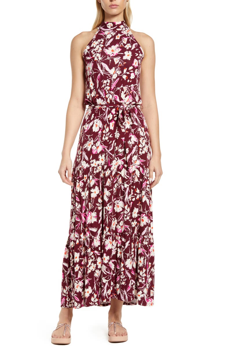 Loveappella Floral High-Low Halter Neck Knit Maxi Dress, Main, color, Plum