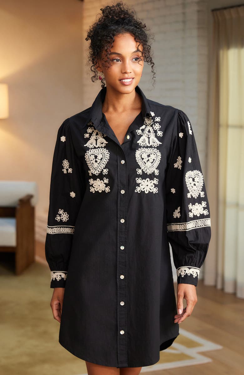 Karen Kane Embroidered Long Sleeve Cotton Shirtdress, Alternate, color, Black/ Tan