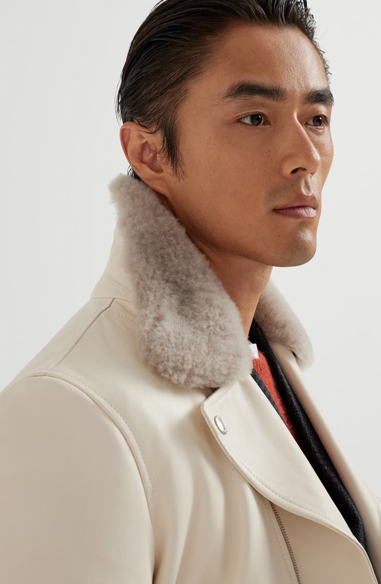 Brunello Cucinelli Nappa leather padded biker jacket, Alternate, color, Ivory