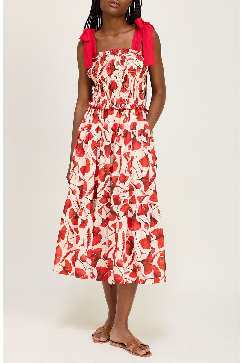 Josie Gingko Leaf Print Cotton Blend Sundress, Main, color, NATURAL RED