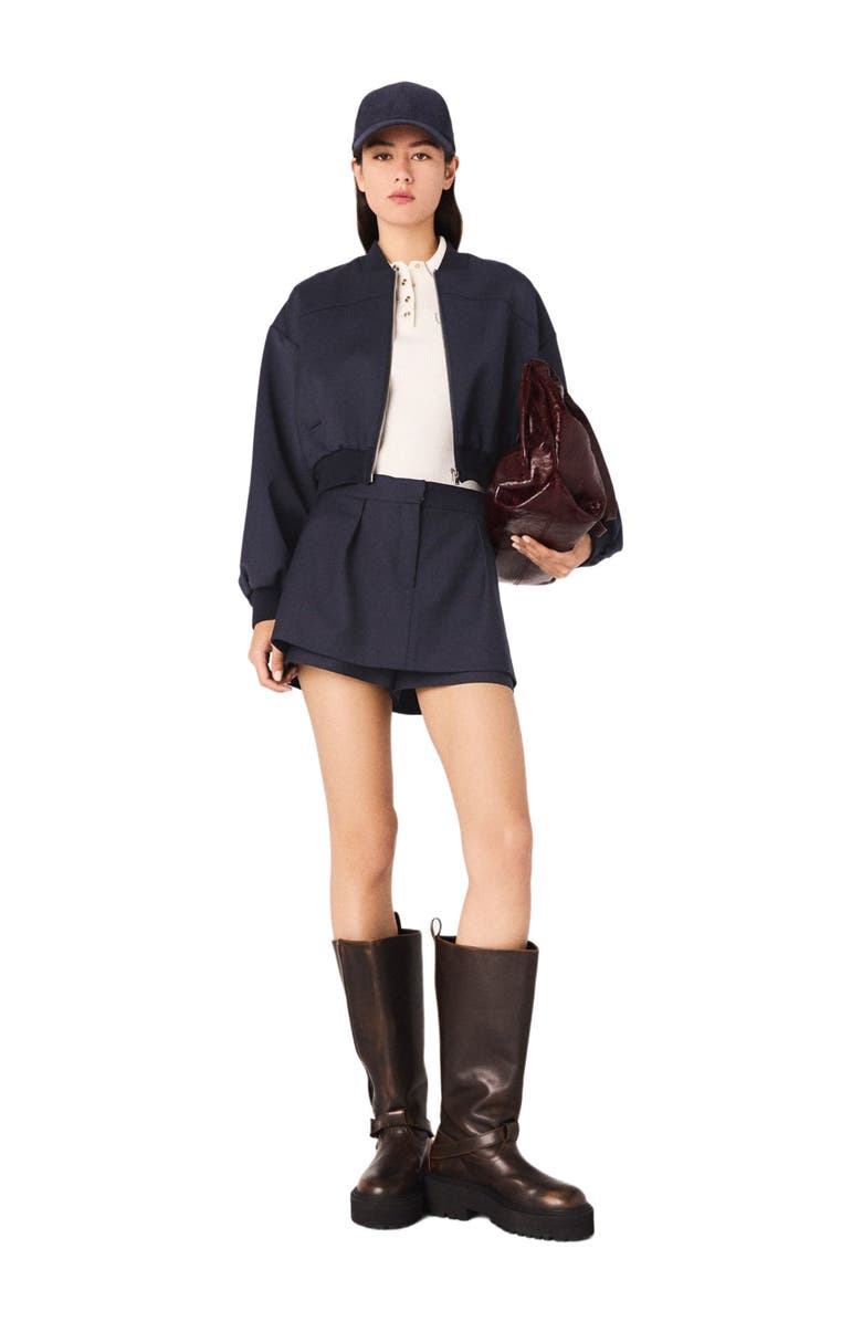 maje Zipped mixed wool bomber, Main, color, Navy