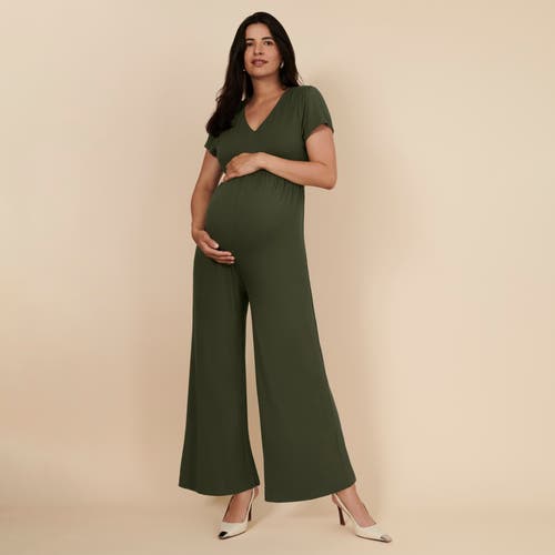 MOTHERHOOD MATERNITY MOTHERHOOD MATERNITY SHORT SLEEVE V-NECK FLARE LEG JUMPSUIT