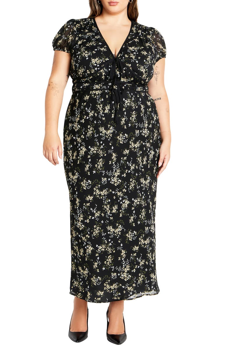 City Chic Cara Floral Tie Detail Maxi Dress, Main, color, 