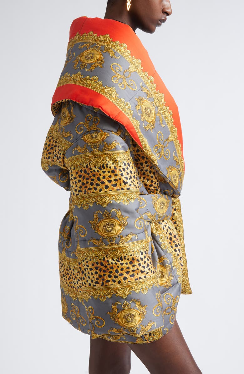 Versace Reversible Belted Cheetah Stripe Wrap Puffer Jacket, Alternate, color, Cheetah Elephant Grey