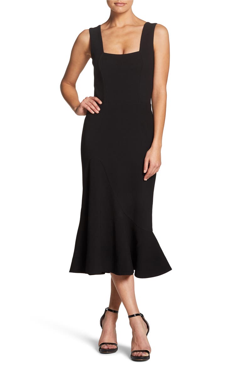 Monica Tea Length Trumpet Dress, Main, color, BLACK