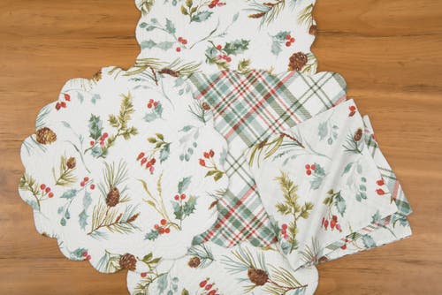 C & F Home C&f Home Edith Quilted Reversible Holly Botanical Table Runner 14" X 51" In White
