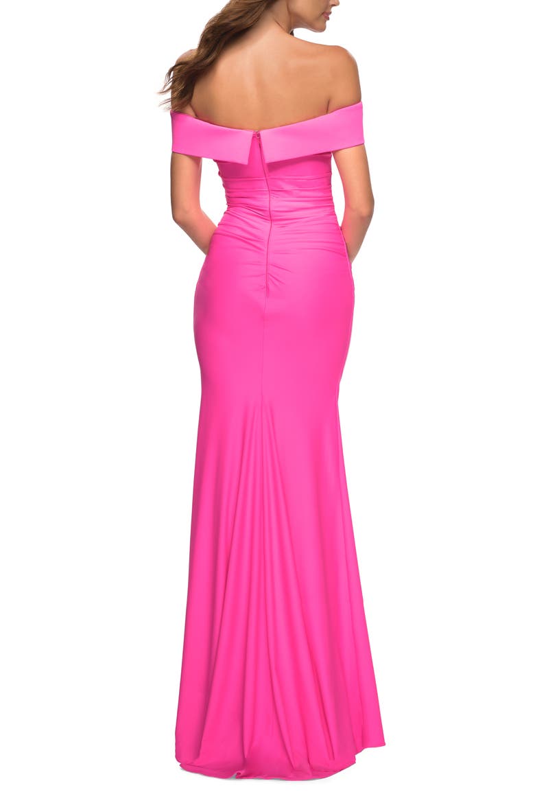 Long Off the Shoulder Ruched Neon Jersey Dress, Alternate, color, Hot Pink