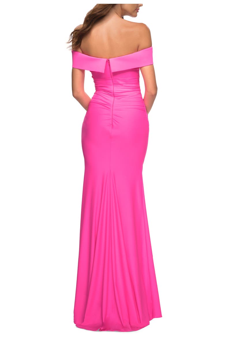 La Femme Long Off the Shoulder Ruched Neon Jersey Dress, Alternate, color, Hot Pink