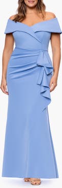 Xscape Evenings Off the Shoulder Ruffle Scuba Knit Gown