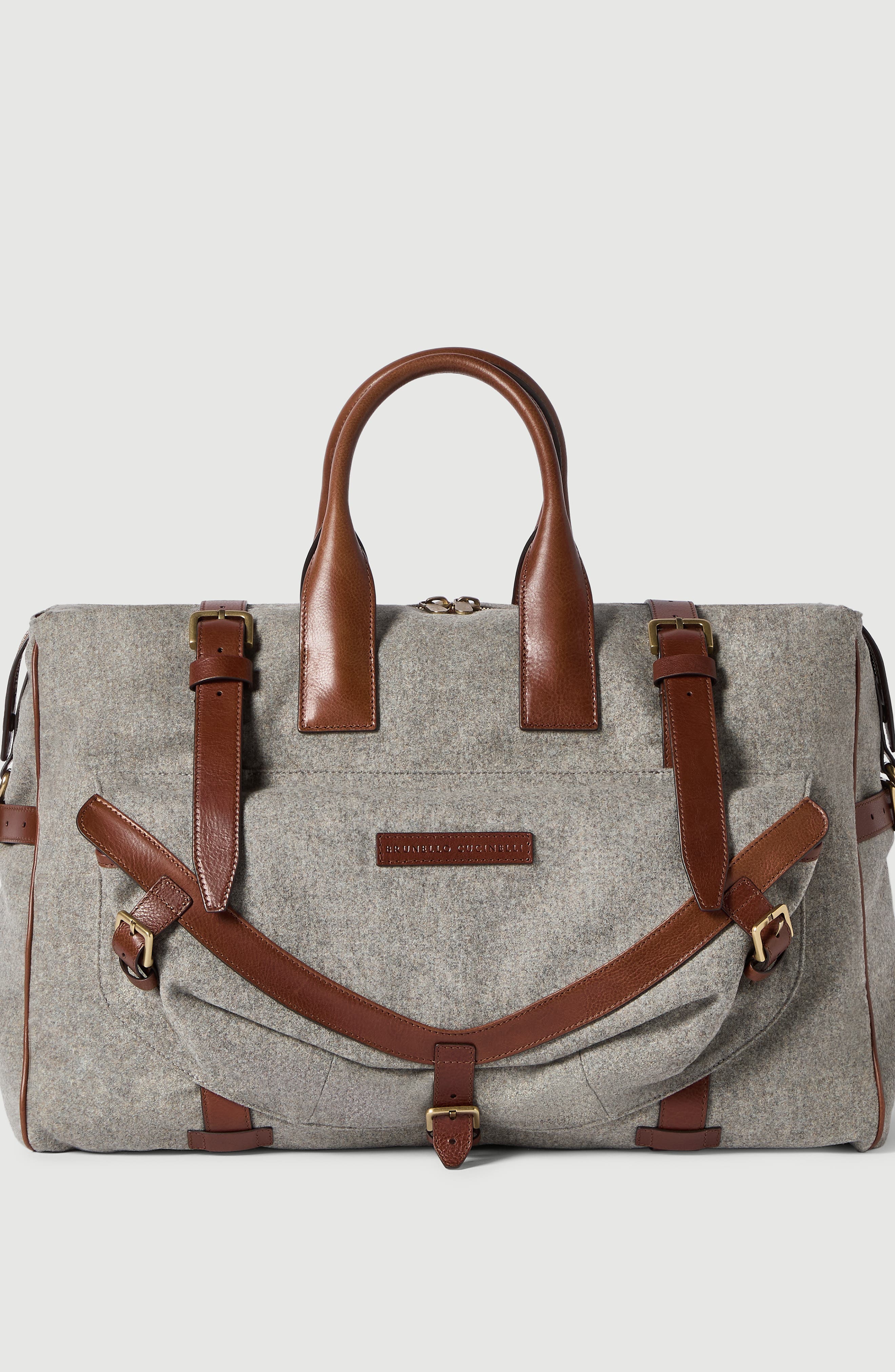 Brunello Cucinelli Virgin wool, alpaca and cashmere flannel   field bag with grained calfskin inserts, Main, color, Medium Grey