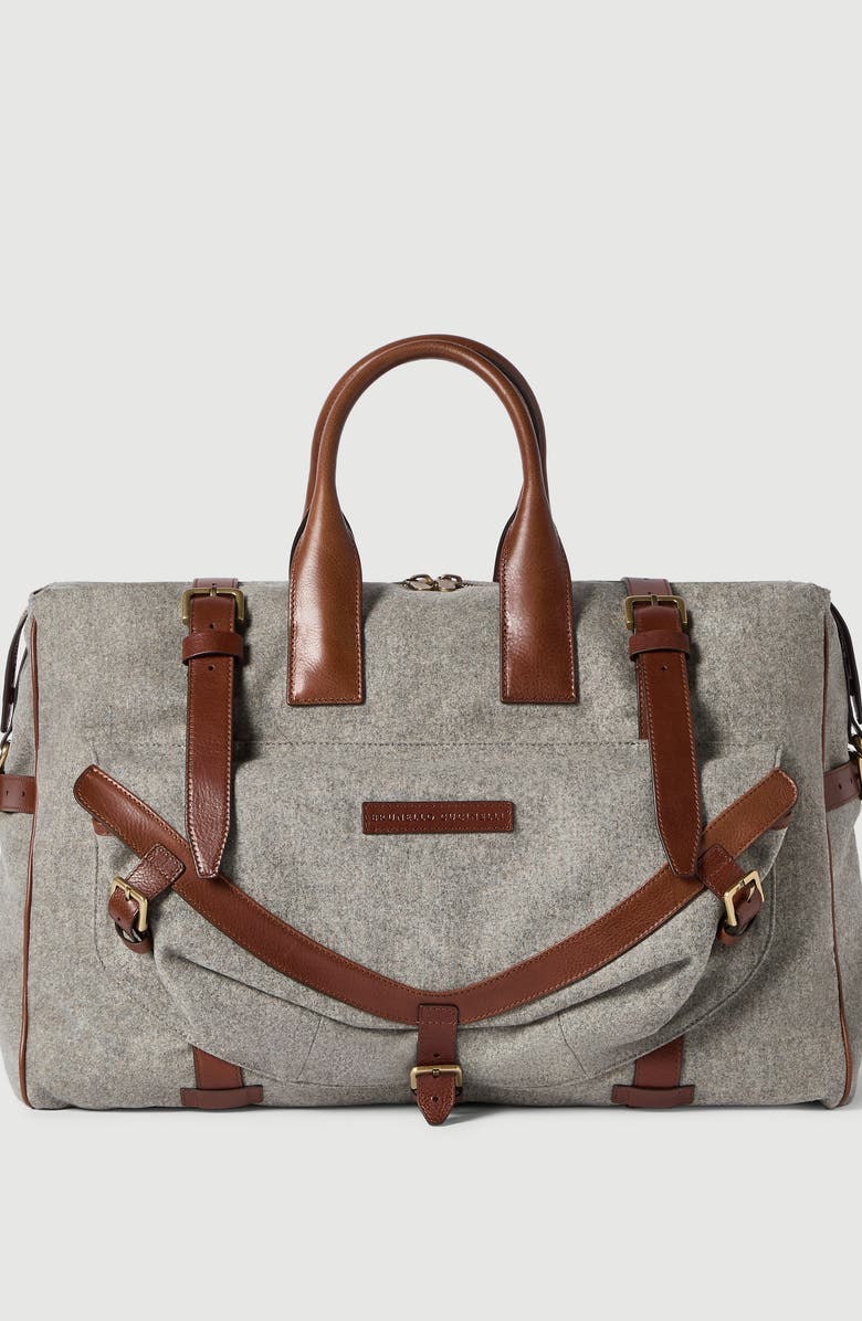 Brunello Cucinelli Virgin wool, alpaca and cashmere flannel field bag with grained calfskin inserts, Main, color, Medium Grey