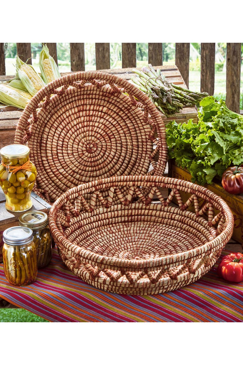 Open Weave Decorative Tray Baskets Set of 2 Brown Multi, Alternate, color, Brown