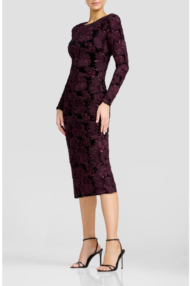 Emmalyn Sequin Appliqué Long Sleeve Cocktail Midi Dress, Alternate, color, BURGUNDY-BLACK