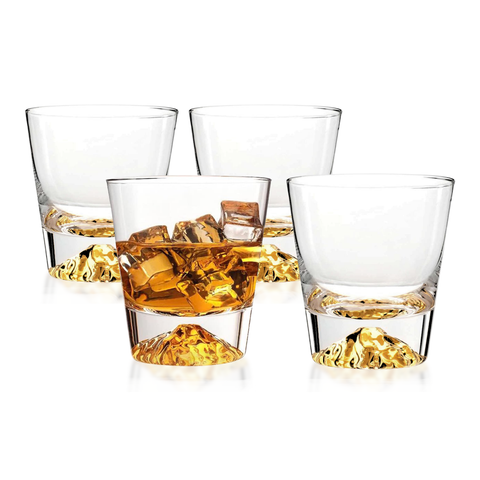 Whiskey Glasses Crystal Clear Gold Heavy Base Bourbon - 10oz - Set of 4