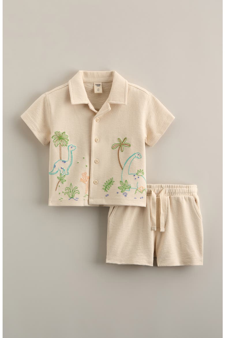 Embroidered Knit Shirt & Shorts Set, Main, color, BEIGE BEACH DINO EMBROIDERY