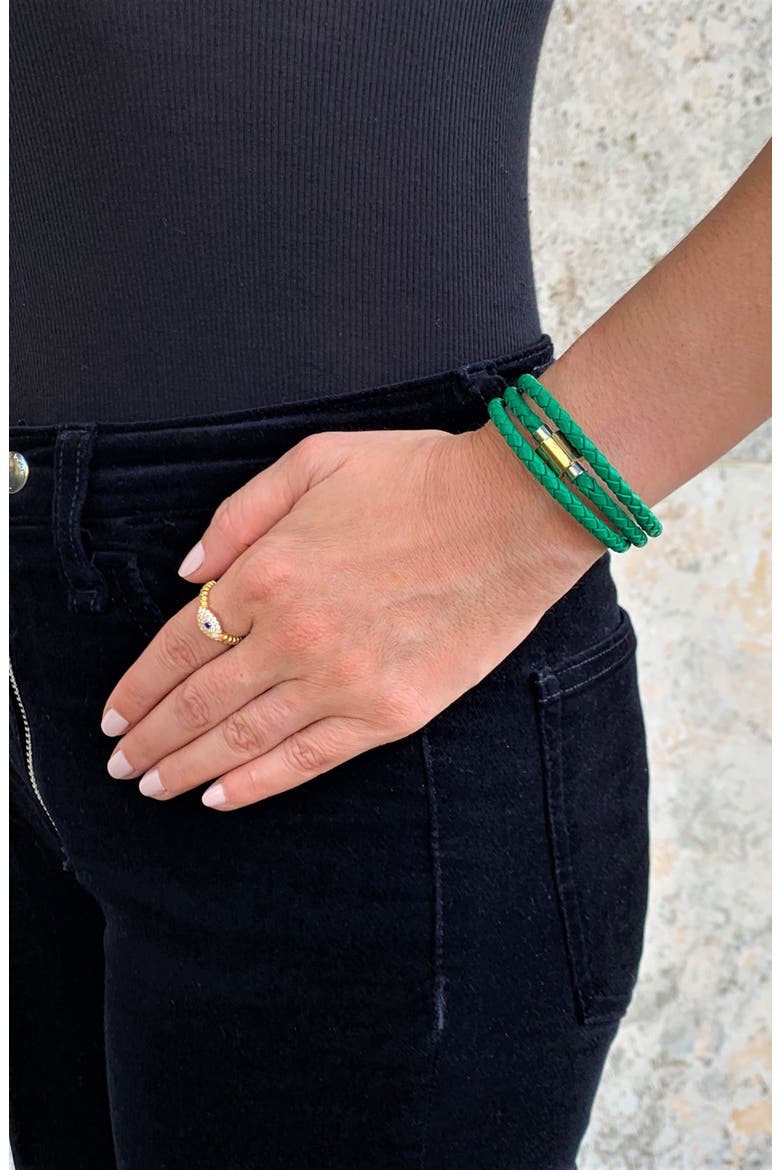 Braided Green Leather Wrap Bracelet, Alternate, color, GREEN