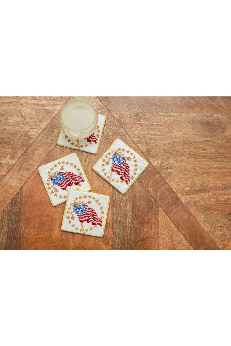 4" USA Glory Decorative Petit Point Coasters Set of 4 Americana Patriotic, Alternate, color, White