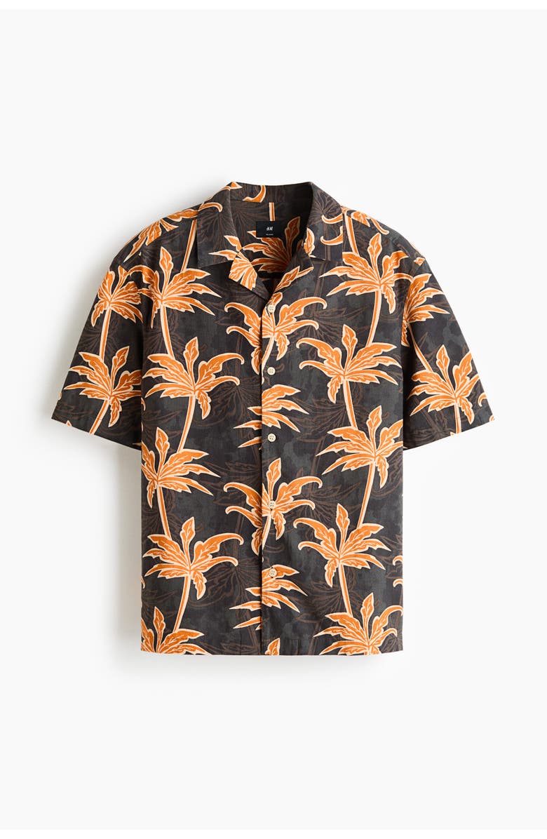 H&M Relaxed Fit Cotton Resort Shirt, Alternate, color, Black/Palm Trees
